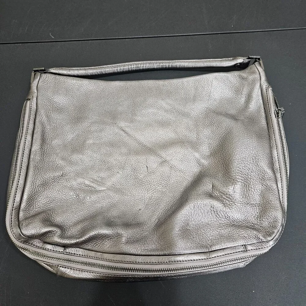Tory Burch Metallic Gray Pebbled Leather Hobo Shoulder Bag Messenger Everyday